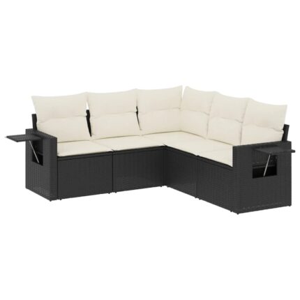 Set mobilier de gradina cu perne vidaXL, 5 piese, negru, poliratan, Rezistenta la raze UV, Picioare reglabile din plastic, 40.98 Kg