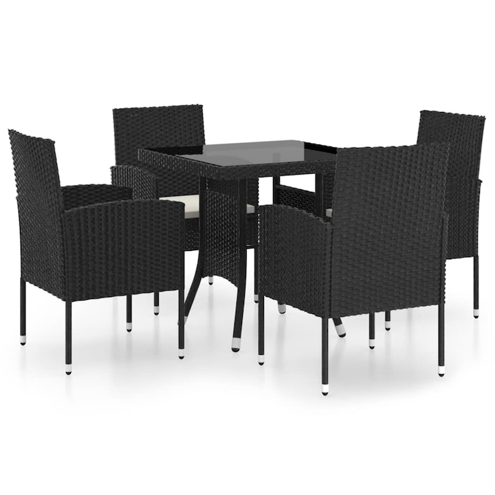 Set mobilier de gradina cu 4 scaune cu perne si 1 masa cu blat de sticla vidaXL, Poliratan, 80 x 80 x 74 cm, Negru