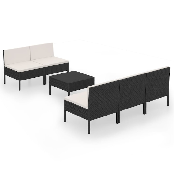 Set mobilier de gradina cu 6 piese cu perne vidaXL, Poliratan, 60 x 60 x 35 cm, Negru/Alb crem
