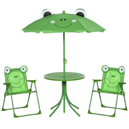 Set mobilier gradina Outsunny pentru copii, 3 piese, Masa, 2 scaune pliante, Umbrela, Verde