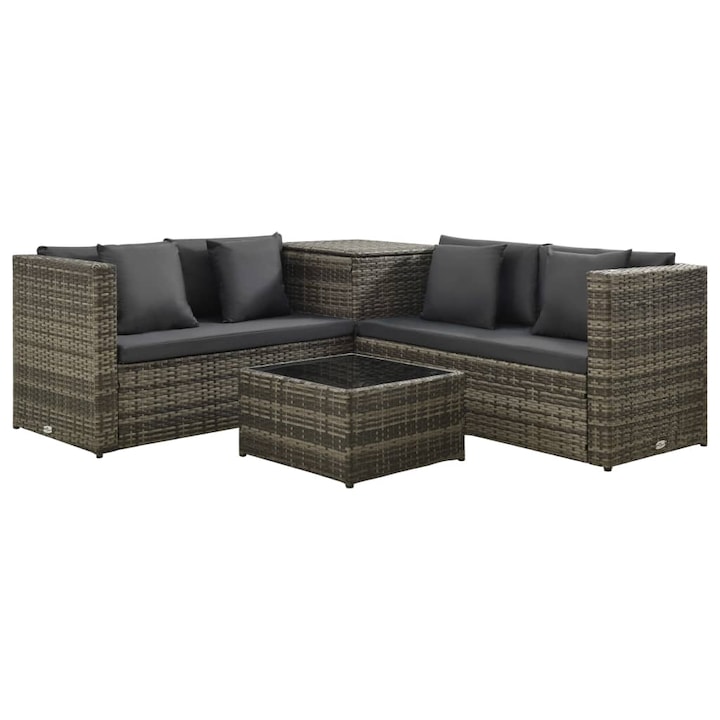 Mobilier de gradina cu perne gri inchis, vidaXL, Poliratan, 118 x 60 x 64 cm, Gri
