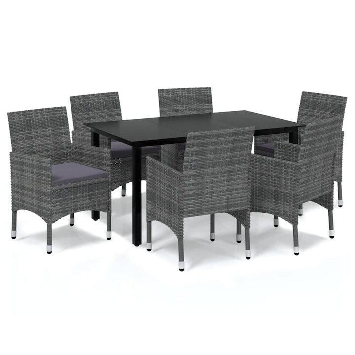 Set mobilier de gradina cu masa blat sticla si 6 scaune cu perne vidaXL, Poliratan, 150 x 90 x 74 cm, Gri/Gri inchis, 58.85 kg