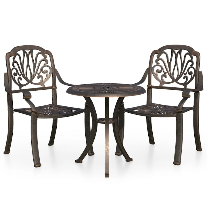 Set mobilier bistro de gradina cu 3 piese din bronz cu masa rotunda, vidaXL, Aluminiu, 63 x 69 x 91 cm, Maro