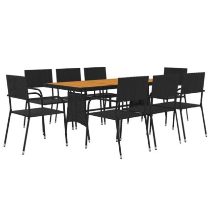 Set mobilier de exterior vidaXL, 9 piese, negru, 160 x 70 x 72 cm, poliratan