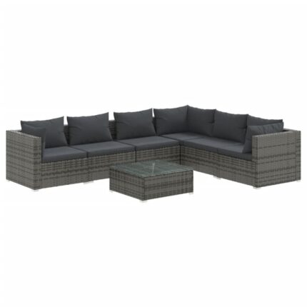 Set mobilier de gradina cu perne vidaXL, 70 x 70 x 60,5 cm, 7 piese, gri, poliratan, 52.18 kg