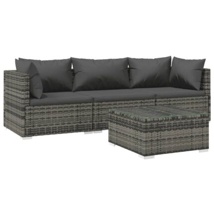 Set mobilier de gradina cu perne vidaXL, 60 x 60 x 30 cm, 4 piese, gri, poliratan, 31.49 kg