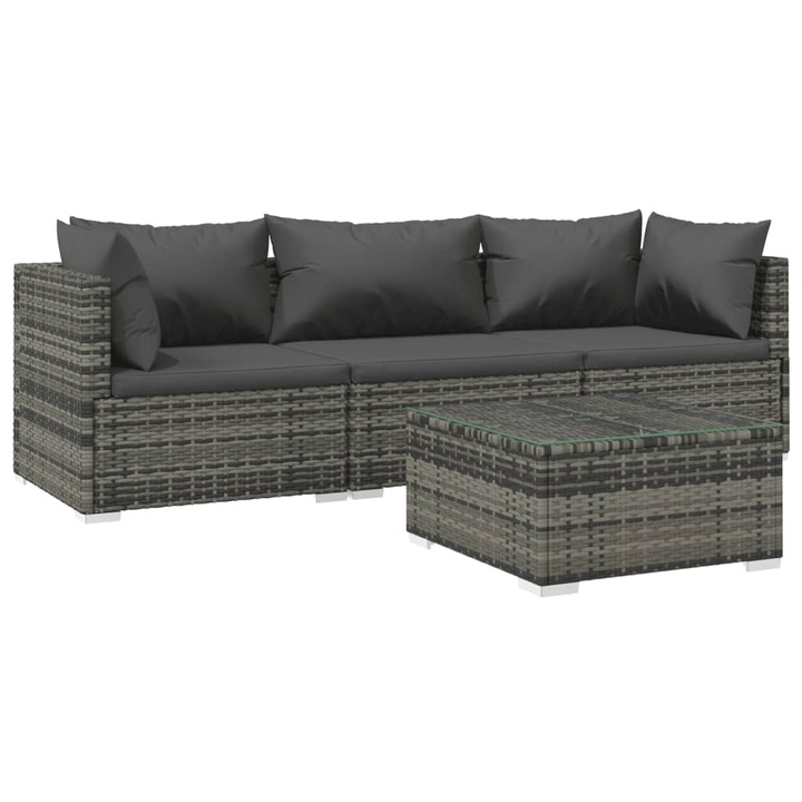 4 piese Set mobilier de gradina cu perne vidaXL, 60 x 60 x 30 cm, 4 piese, gri, poliratan, 31.49 kg