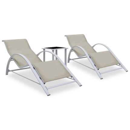 Set de 2 sezlonguri de plaja cu masa vidaXL, 167 x 60 x 66 cm, Crem