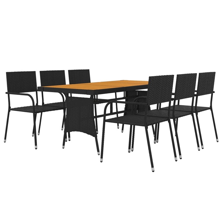 Set mobilier de exterior vidaXL, 7 piese, negru, poliratan, 160 x 70 x 72 cm