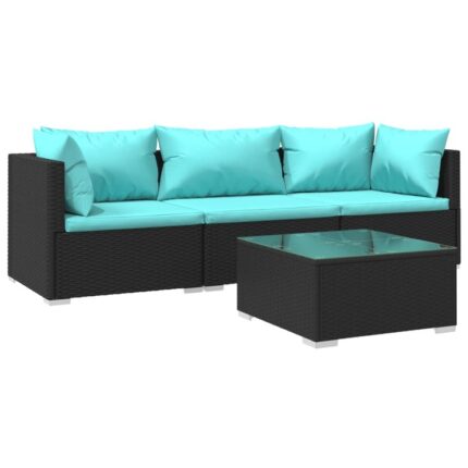 Set mobilier de gradina cu perne vidaXL, 60 x 60 x 30 cm, 4 piese, negru, poliratan, 30.85 kg