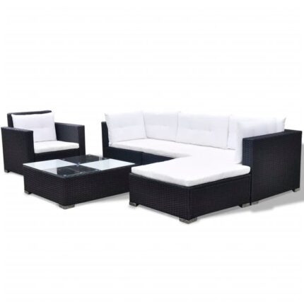 Set mobilier de gradina cu perne vidaXL, 6 piese, negru, poliratan, 69,5 x 69,5 x 52,5 cm
