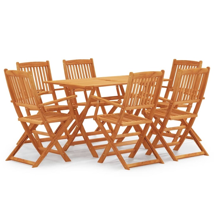 Set mobilier de exterior cu 6 scaune pliabile cu cotiera si 1 masa vidaXL, Lemn, 120 x 70 x 75 cm, Maro