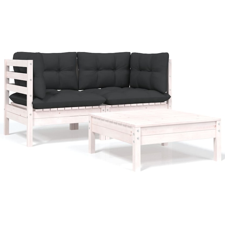 Set mobilier de gradina cu 2 canapele de colt si 1 taburet cu perne vidaXL, Lemn, 63.5 x 63.5 x 62.5 cm, Alb/Antracit