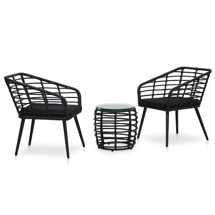Set mobilier de balcon, 3 piese, vidaXL, Poliratan, 63,5 x 53,5 x 77 cm, Negru