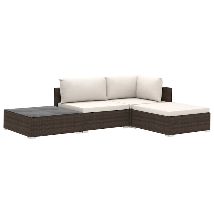 Set mobilier de gradina cu 4 piese cu perne vidaXL, Poliratan, 74 x 74 x 26 cm, Maro/Crem