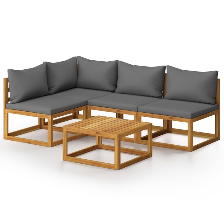 Set mobilier de gradina cu 5 piese din lemn de acacia cu perne incluse, vidaXL, Lemn de acacia, 68 x 68 x 29 cm, Gri