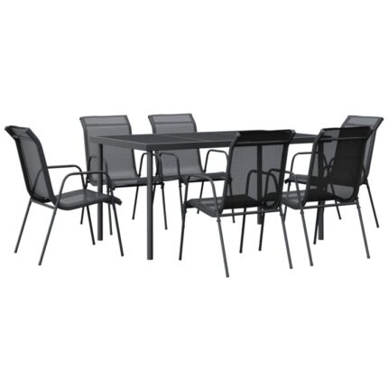 Set mobilier de gradina vidaXL, 7 piese, negru, otel si textilena, 150 x 90 x 74 cm, 45.74 Kg