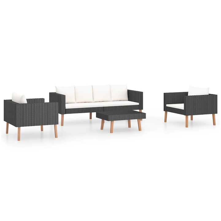 Set mobilier de gradina cu 4 piese cu perne albe, vidaXL, Tesatura, 165 x 67 x 60 cm, Negru