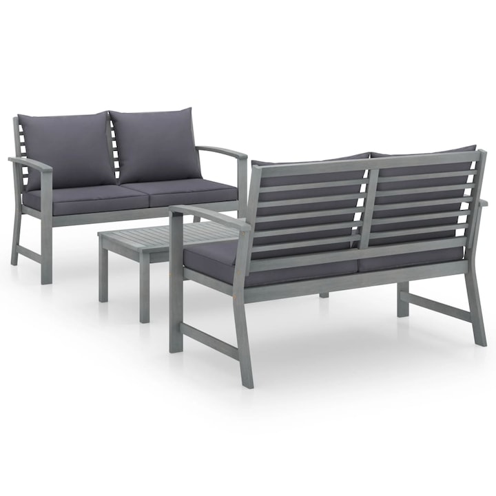 Set mobilier de gradina cu 1 masa si 2 banci cu perne, vidaXL, Lemn de acacia, 100 x 50 x 33 cm, Gri