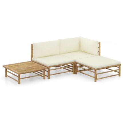 Set mobilier de gradina cu perne alb crem, 4 piese, bambus