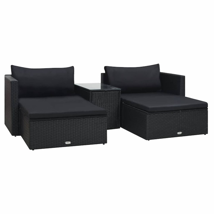 Set mobilier de gradina 5 piese sezlonguri si masa, vidaXL, Poliratan, 90 x 70 x 62 cm, Negru