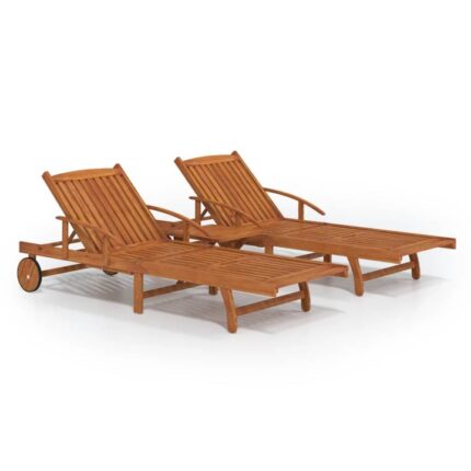 Set sezlong plaja/gradina/terasa vidaXL, 2 piese, cu masuta, lemn masiv de acacia, 200 x 68 x 30/62/77/85 cm