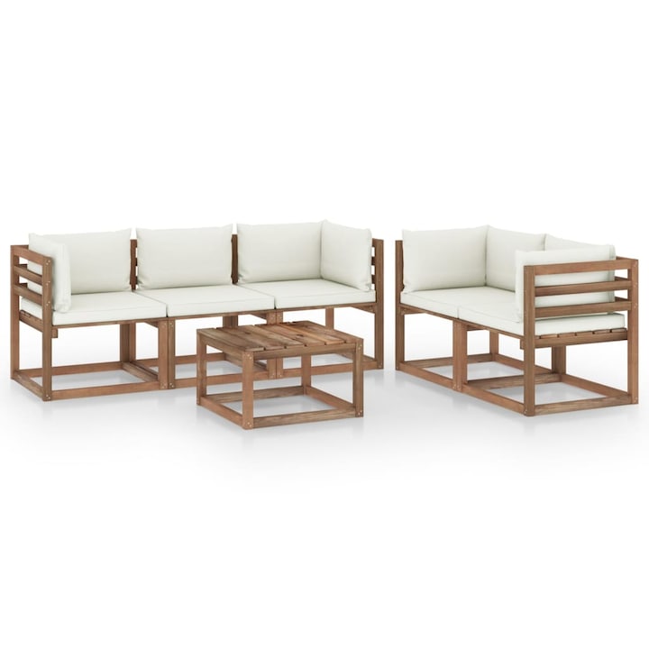 Set mobilier de gradina cu 5 canapele cu perne si 1 masa vidaXL, Lemn, 60 x 60 x 36.5 cm, Maro/Crem