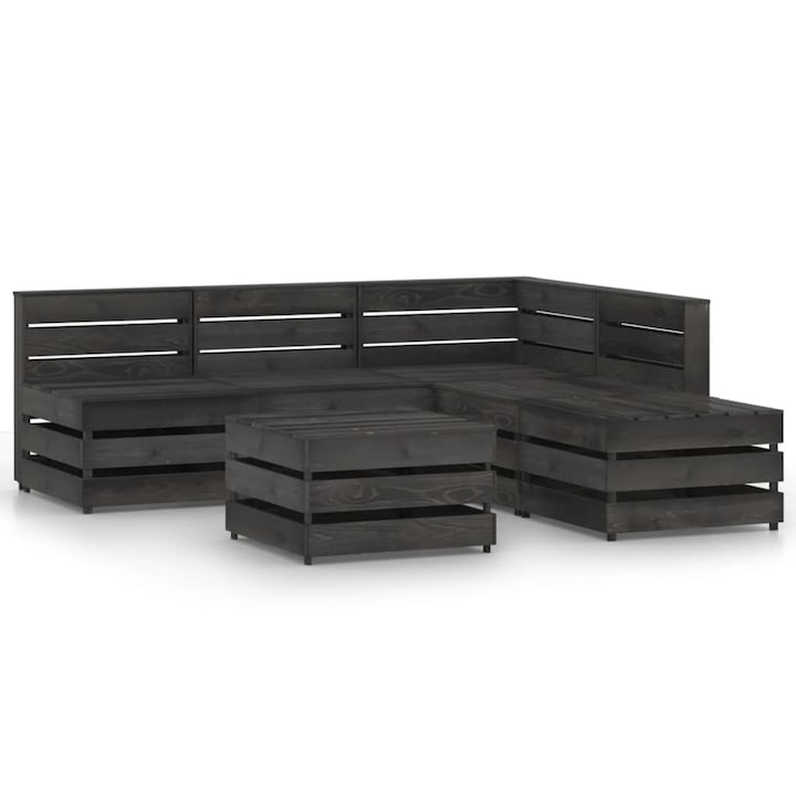 Set mobilier de gradina cu 3 canapele de mijloc, 1 canapea de colt si 2 mese/tabureti vidaXL, Lemn, Gri