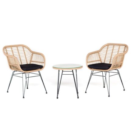 Set mobilier gradina din ratan, 2 scaune cu perne, 1 masa rotunda, maro