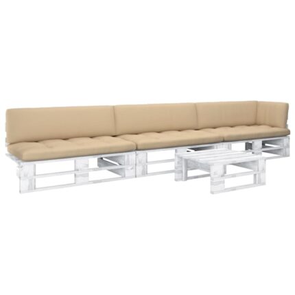 Set mobilier din paleti cu perne, 4 piese, lemn pin alb tratat