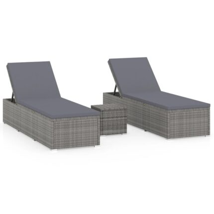 Set 2 sezlonguri de gradina cu masa si saltele, vidaXL, Poliratan, 195 x 60 x 31 cm, Gri/Negru