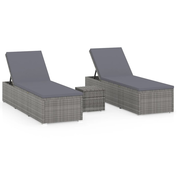 Set 2 sezlonguri de gradina cu masa si saltele, vidaXL, Poliratan, 195 x 60 x 31 cm, Gri/Negru