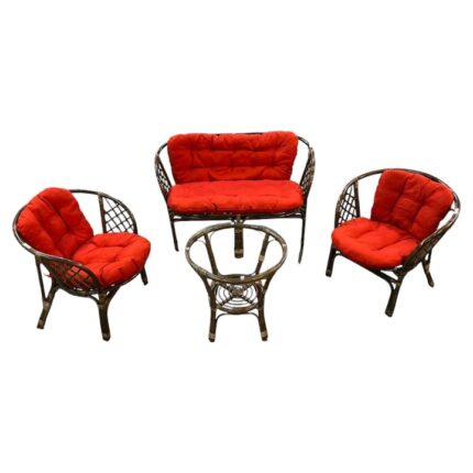 Set mobilier de gradina Bali cu perne rosii, 4 piese, Cadru robust si usor, Maro, Ratan