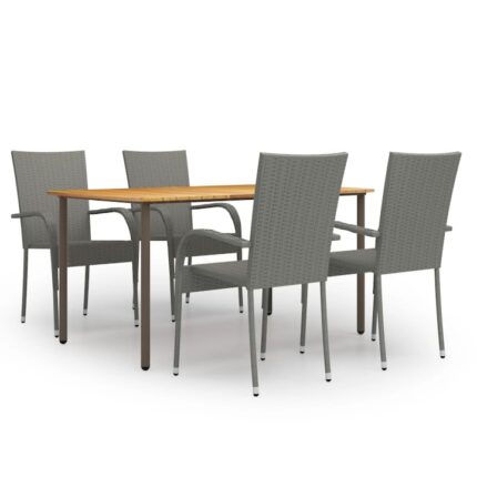 Set mobilier de terasa sau balcon 5 piese, masa cu 4 scaune, vidaXL, Lemn masiv/Ratan, 150 x 90 x 72 cm, Gri