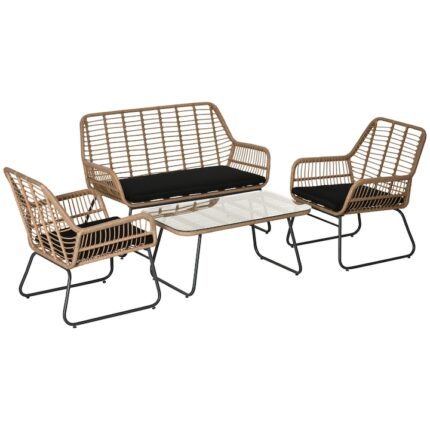 Set mobilier de gradina 4 piese, Outsunny, Ratan/Metal, Bej