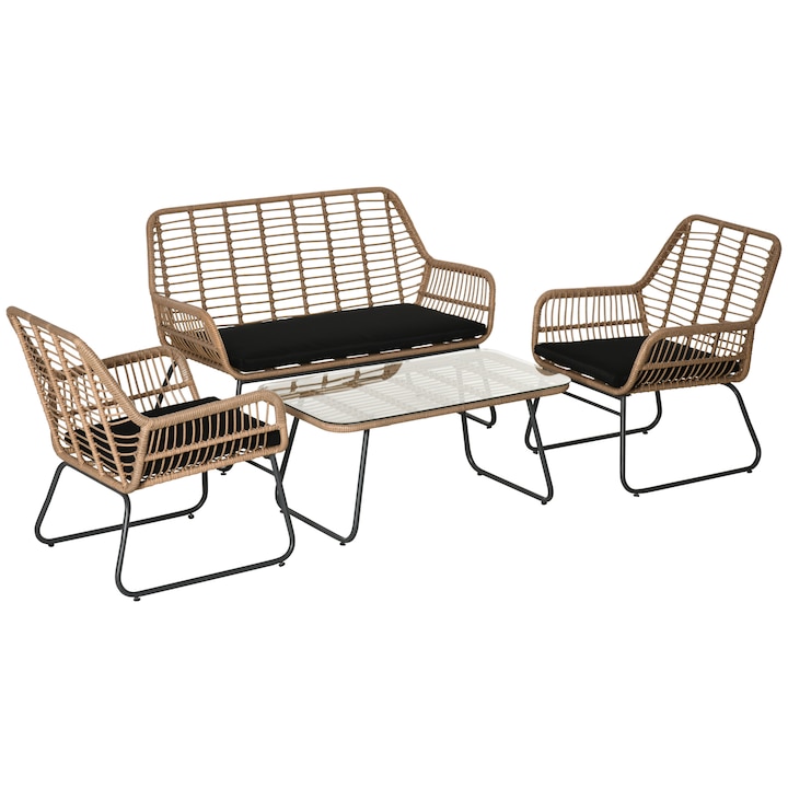 Ratan/Metal Set mobilier de gradina 4 piese, Outsunny, Ratan/Metal, Bej