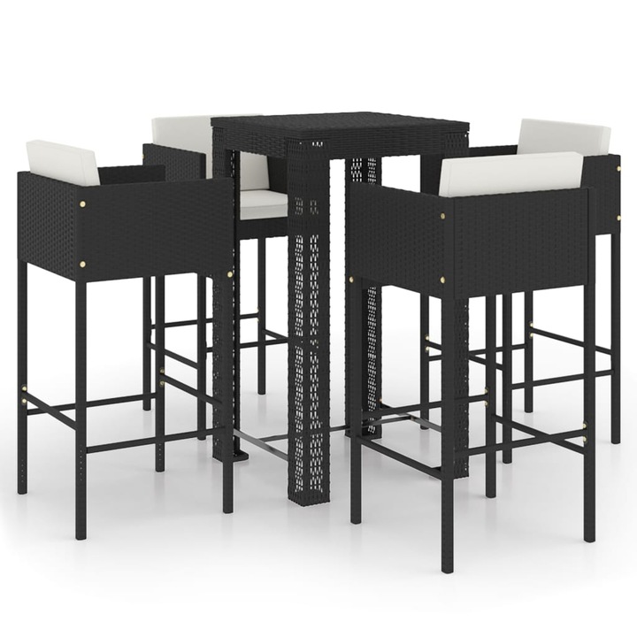 Set mobilier bar de gradina cu masa si 4 scaune cu perne vidaXL, Poliratan, 60.5 x 60.5 x 110.5 cm, Negru/Crem, 37 kg