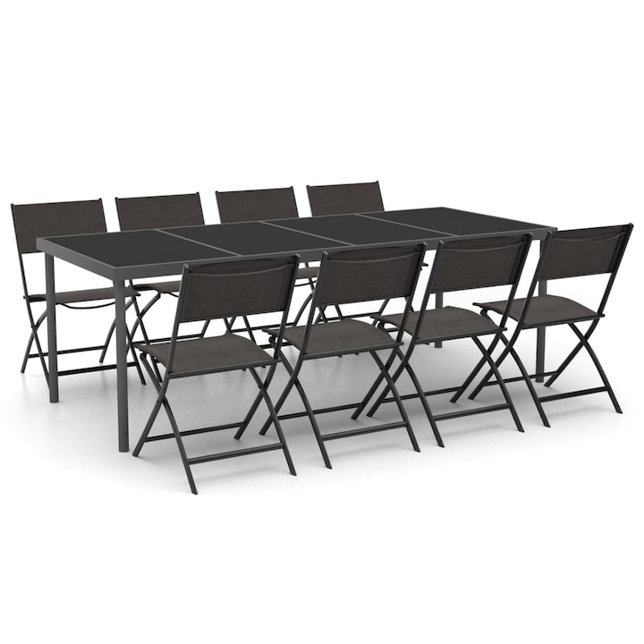 Set mobilier de exterior din 9 piese vidaXL, Otel, 190 x 90 x 74 cm, Negru