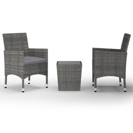 Set mobilier de bistro din 3 piese cu perne si masa cu blat de sticla vidaXL, Poliratan, 41.5 x 41.5 x 43 cm, Gri