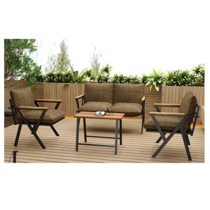Set mobilier gradina/terasa Casafun Bristol Coffea Set canapea 2 locuri, 2 fotolii, si masuta, cadru metal model Y, cu perna culoare Maro Nisip