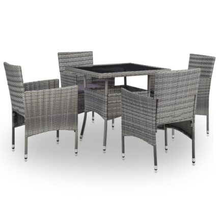 Set mobilier de gradina 5 piese masa cu scaune si tabureti, vidaXL, Ratan/sticla, 80 x 80 x 75 cm, Gri