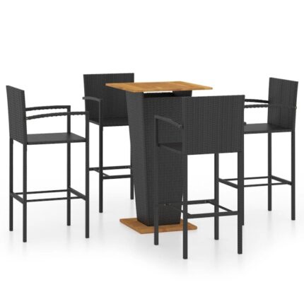Set mobilier bar de gradina din 4 scaune si 1 masa tip tejghea blat lemn masiv vidaXL, Poliratan, 60 x 60 x 110 cm, Negru