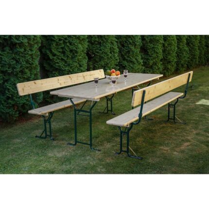 Set mobilier gradina/berarie lemn natur, masa 70x220 cm , 2 banci cu spatar 25x220 cm