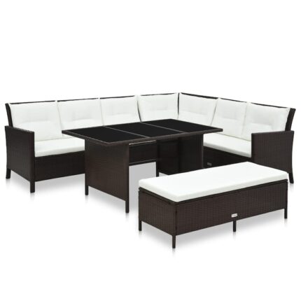 Set mobilier de gradina 3 piese canapea bancheta si masa, vidaXL, Poliratan, 220 x 172 x 82 cm, Maro/Alb