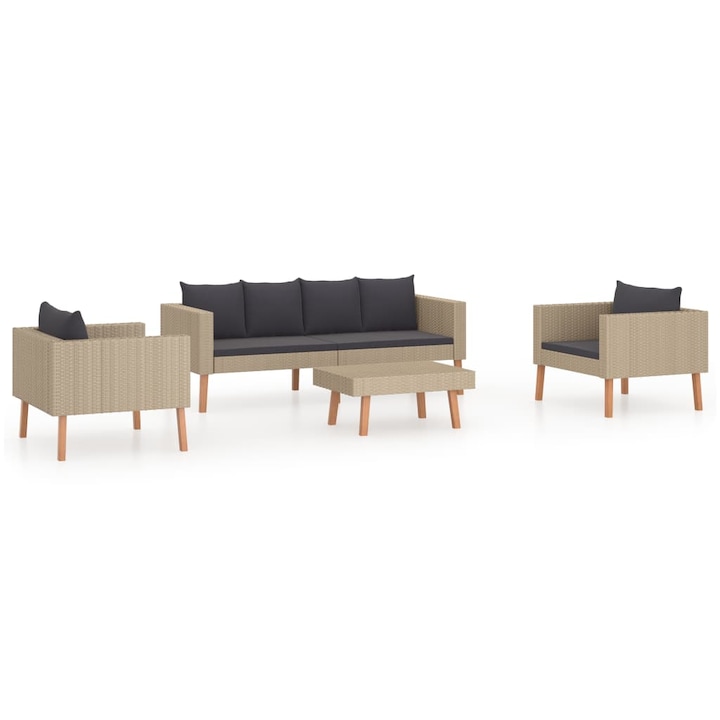 Set mobilier de gradina cu 4 piese cu perne negre, vidaXL, Tesatura, 165 x 67 x 60 cm, Bej