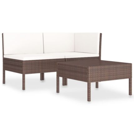 Set mobila de gradina din 3 piese din ratan cu perne vidaXL, Poliratan, 60 x 60 x 35 cm, Maro