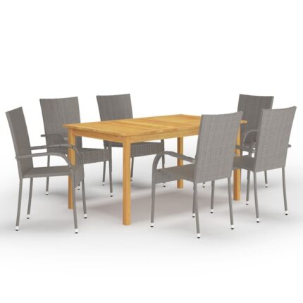 Set mobilier de gradina cu 1 masa din lemn masiv si 6 scaune, vidaXL, Lemn/Ratan, 150 x 90 x 74 cm, Gri
