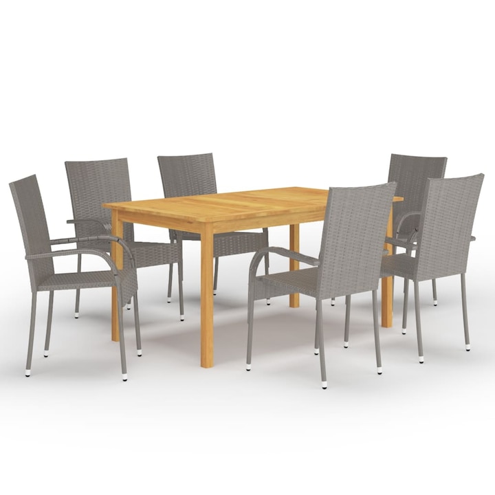 Set mobilier de gradina cu 1 masa din lemn masiv si 6 scaune, vidaXL, Lemn/Ratan, 150 x 90 x 74 cm, Gri