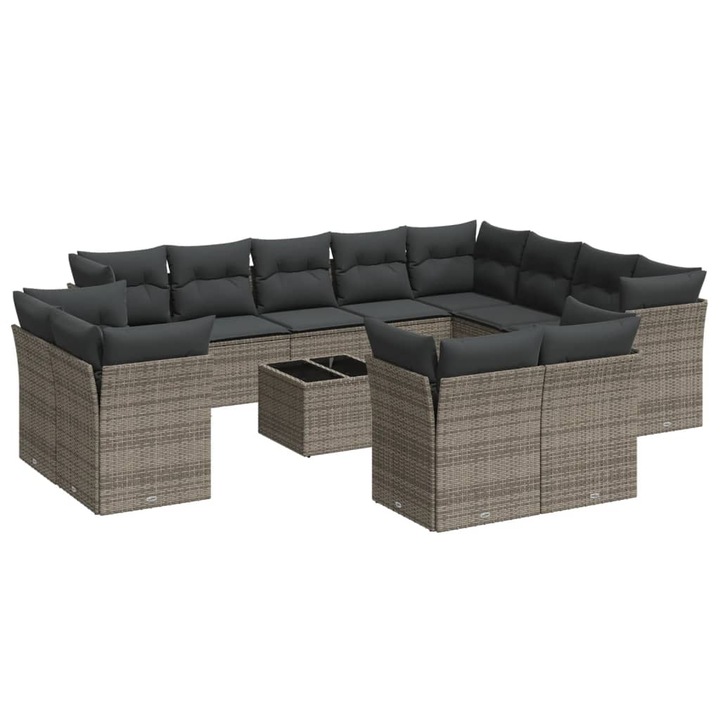 Set mobilier de gradina cu perne vidaXL, 13 piese, gri, poliratan, 70.4 Kg