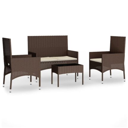 Set mobilier de gradina cu perne vidaXL, 4 piese, maro, poliratan, 19 kg